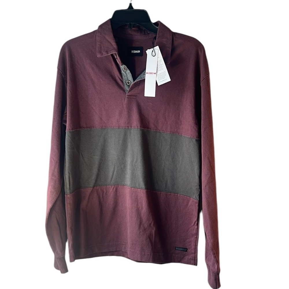 Hudson Jeans Men's Rugby Long Sleeve Shirt Burgundy and‎ Gray Size Small NWT